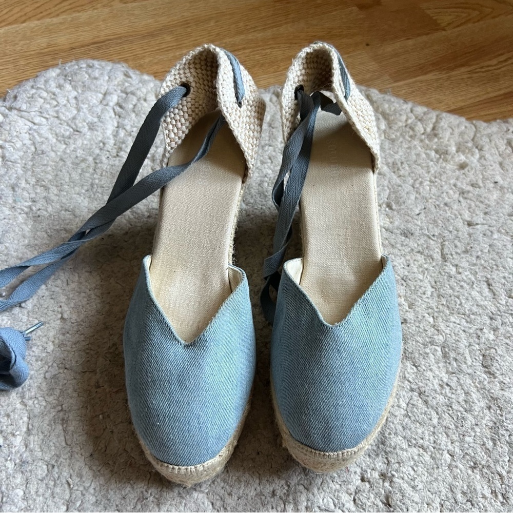 Saludos Light Denim Wrap Ankle Strap Platform Wedge Espadrille Size 8 - Picture 3 of 13